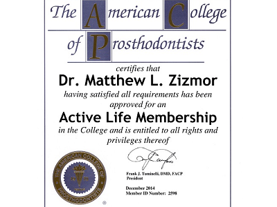 The American College of Prosthodontists Active Lifetime Membership Certificate